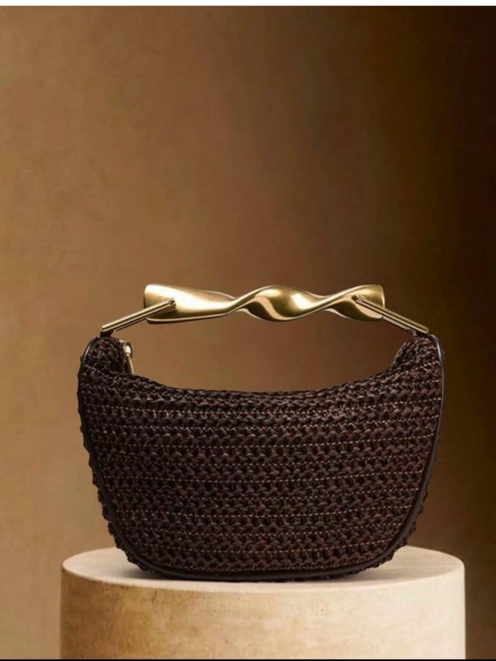 Zara Woven Crescent Shoulder Bag with Sculpted Gold Handle - Dark Brown